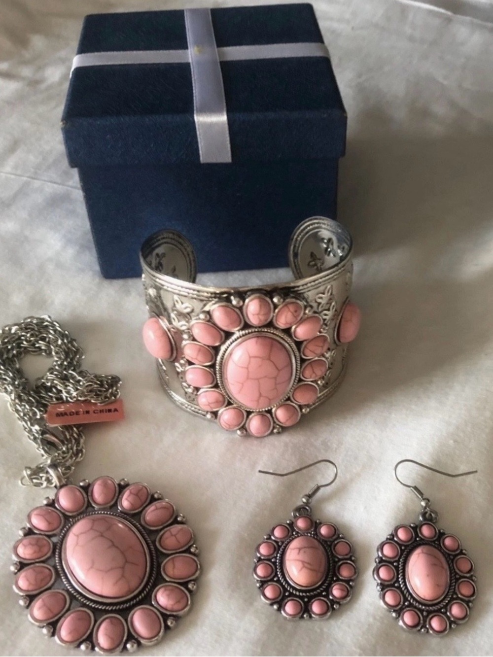 Set of 3 Cuff Bracelet Earrings & Necklace Pink Howlite Stones Statement Piece